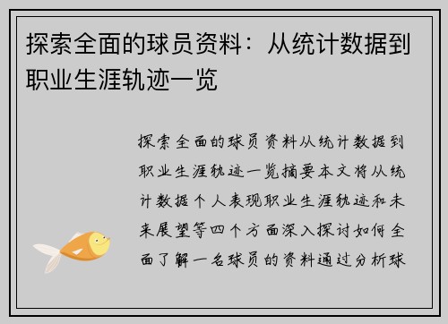 探索全面的球员资料：从统计数据到职业生涯轨迹一览